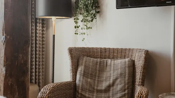 Et hyggeligt hjørne med en fletlænestol med ternet pude, en gulvlampe, en hængeplante og et vægmonteret TV.