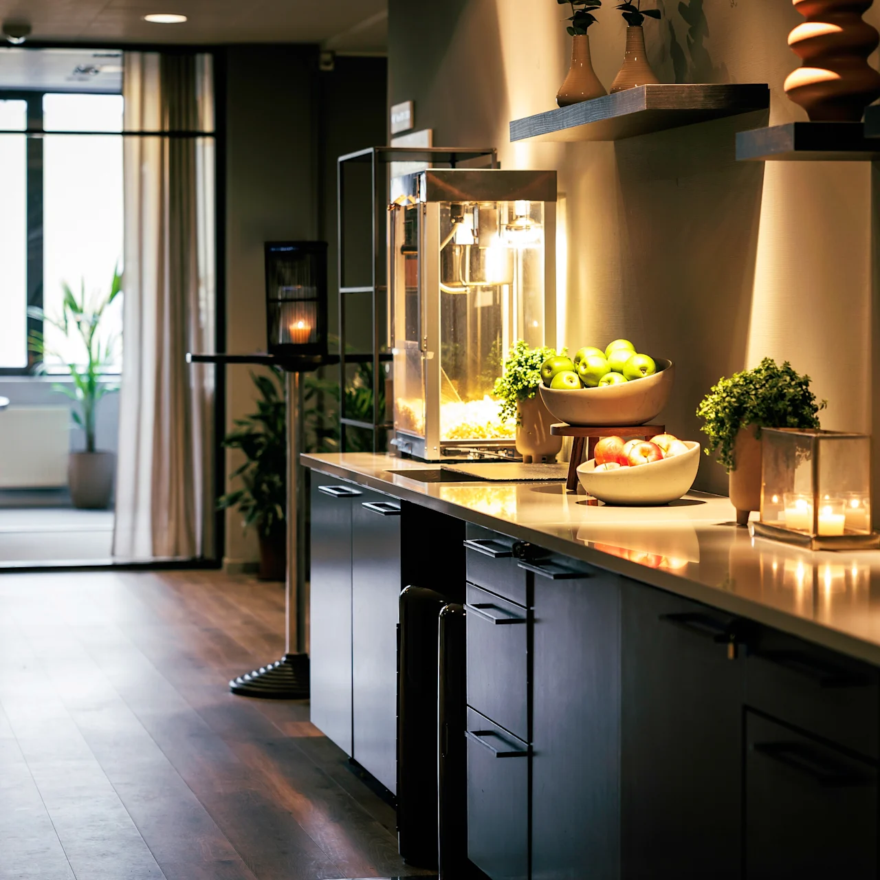 A countertop displays a popcorn machine, bowls of apples, and potted plants in a modern, warmly lit kitchen area. Nearby, a dining table is visible through a large window.