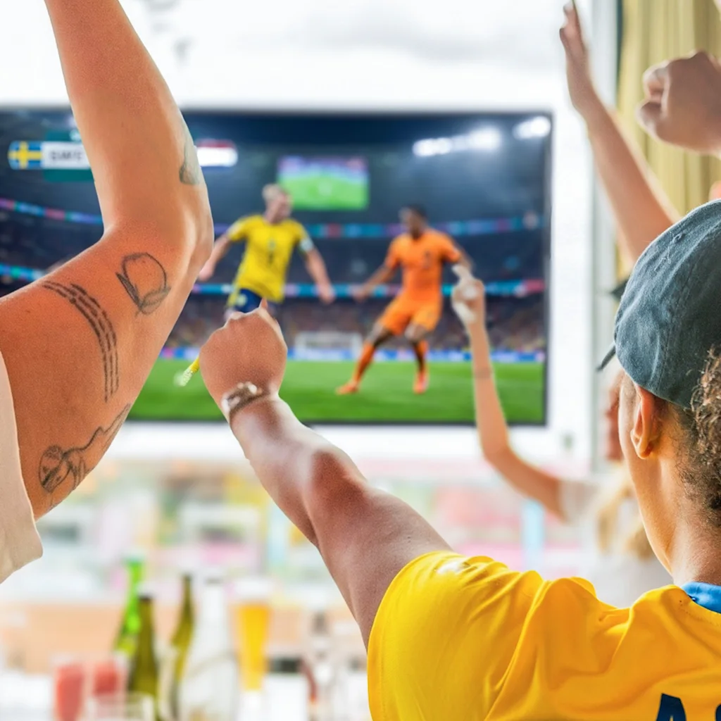 Folk heier mens de ser en fotballkamp på en skjerm, med drikke og snacks på et bord. Fotbolls-VM 2026 i Stockholm på TAK.