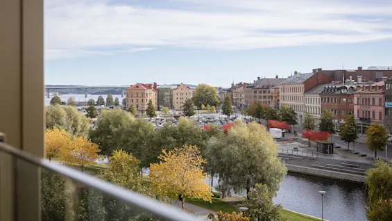Træer med efterårsblade omkranser en kanal, omgivet af historiske bygninger under en delvist skyet himmel. En bro og sø er synlig i baggrunden.