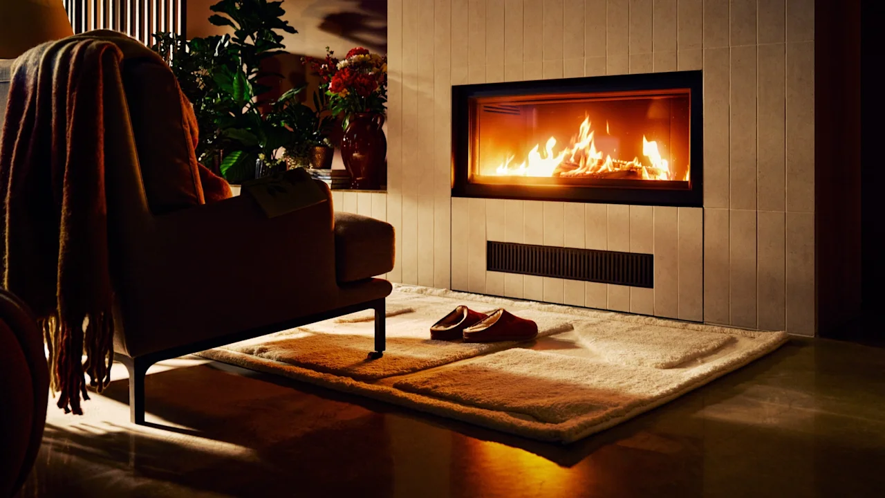 A cozy living room with a warm fireplace, an armchair with a blanket, and slippers on a rug, inviting relaxation.