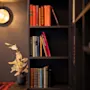 Et koselig hjørne med en mørk bokhylle fylt med bøker, en varm vegglampe og en dekorativ plante.