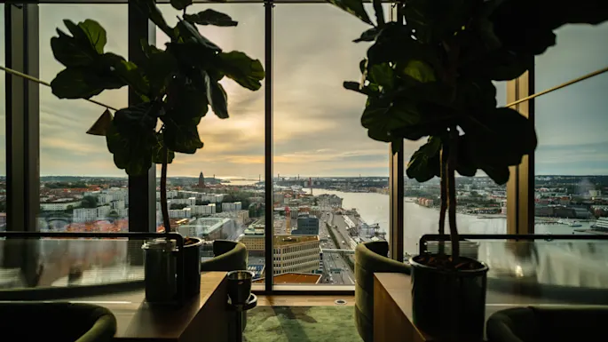 To potteplanter står på et bord ved gulv-til-loft-vinduer med udsigt over et bylandskab med vand, bygninger og en overskyet himmel ved solnedgang.