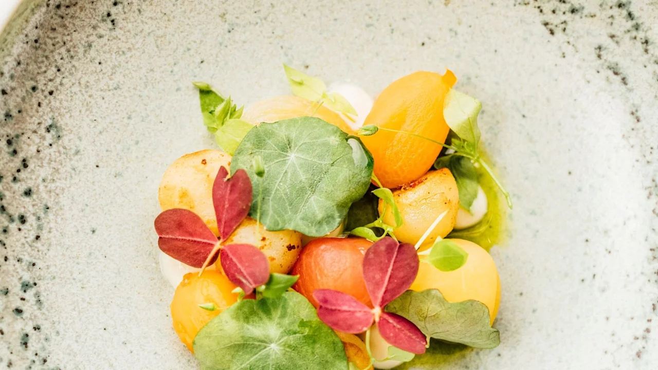 Färgglada grönsaker och bladgrönsaker är konstfullt arrangerade på en spräcklig keramiktallrik, vilket skapar en elegant och fräsch kulinarisk presentation i en minimalistisk miljö.