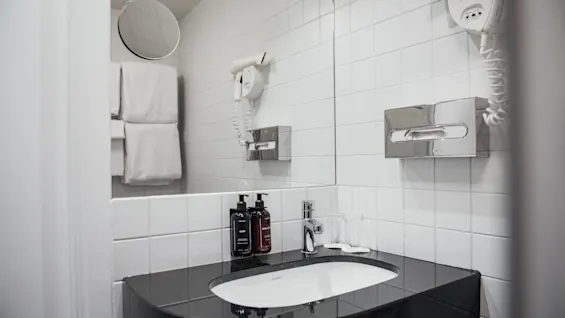 Home Hotel Wellington: Lyst badeværelse med sort vask, spejl, hvide flisevægge og essentielle toiletartikler.