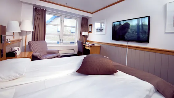 Et hotelværelse med en nydeligt redt seng, stribet lænestol, skrivebord og fladskærms-tv på væggen, vindue med udsigt over en bygning.