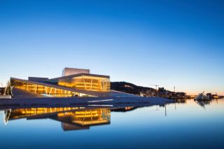 Oslo Opera House shine at dusk, morning twilight, Norway
