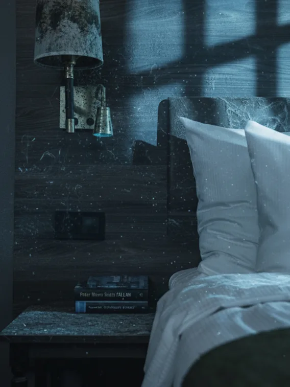 Natlampe hænger over en støvet natbord. Bøger med titlerne "Peter Moores Sovn å FALLAN" og "DEN SOVENDE KULTUR" ligger under. Støvpartikler svæver i et svagt oplyst rum.