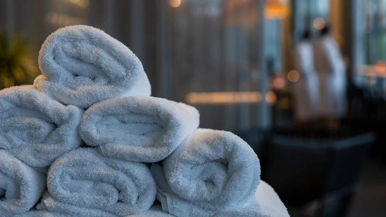 White towels neatly stacked on a wooden surface; blurred background features modern lighting and interior decor suggesting a spa or relaxation setting.