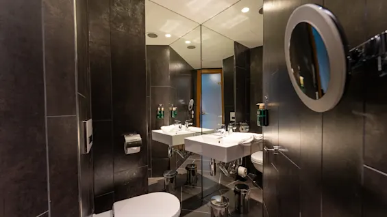 Toilet placeret i et moderne badeværelse; omgivet af mørke fliser og spejle, der reflekterer en dobbeltvask og monterede sæbedispensere; små affaldsspande nedenunder.