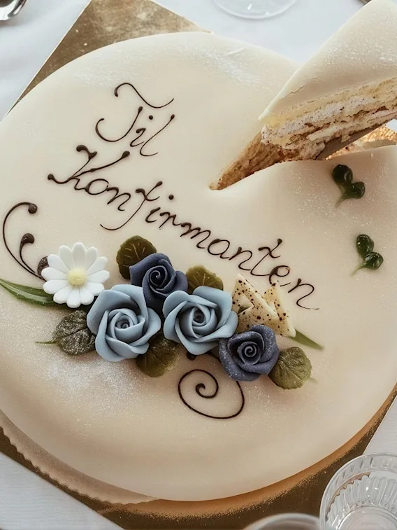 Servering av et stykke hvit Til Konfirmanten kake pyntet med bla roser pa et pent dekket bord