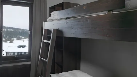 A dark wooden bunk bed with a ladder stands by a window. Snow-covered landscape and trees are visible outside, creating a cozy room atmosphere.
