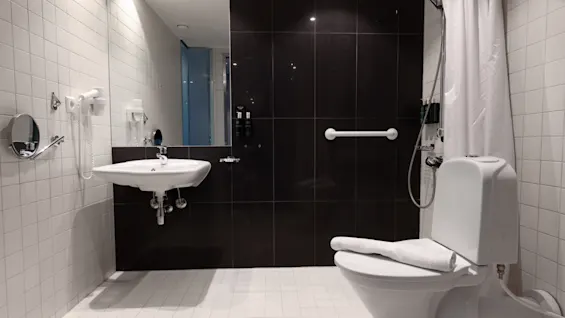 Et moderne badeværelse har et hvidt toilet, vask og bruser med forhæng. Væggene er flisebelagt i hvidt og sort, med et greb nær bruseren. Lys loftsbelysning giver belysning.