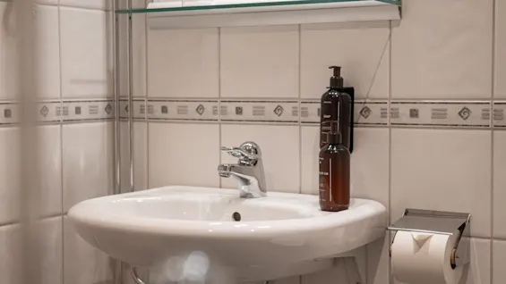 En hvid keramisk vask holder en sæbedispenser under en reflekterende glashylde, sammen med toiletpapir på en holder, mod en flisebelagt badeværelsesvæg.