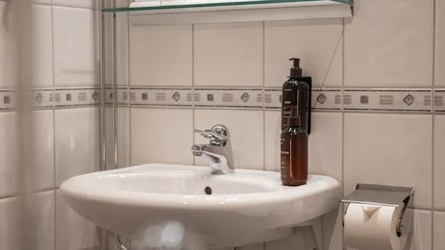 En vit keramikhandfat håller en tvålpump under en reflekterande glashyll, tillsammans med toalettpapper på en hållare, mot en kaklad badrumsvägg.
