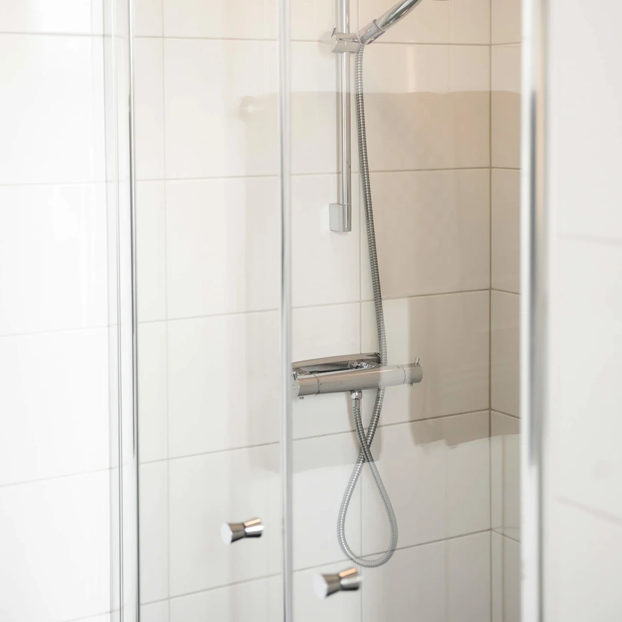 En modern dusch med en handhållen duschslang är monterad på en kaklad vägg i ett duschutrymme av glas.