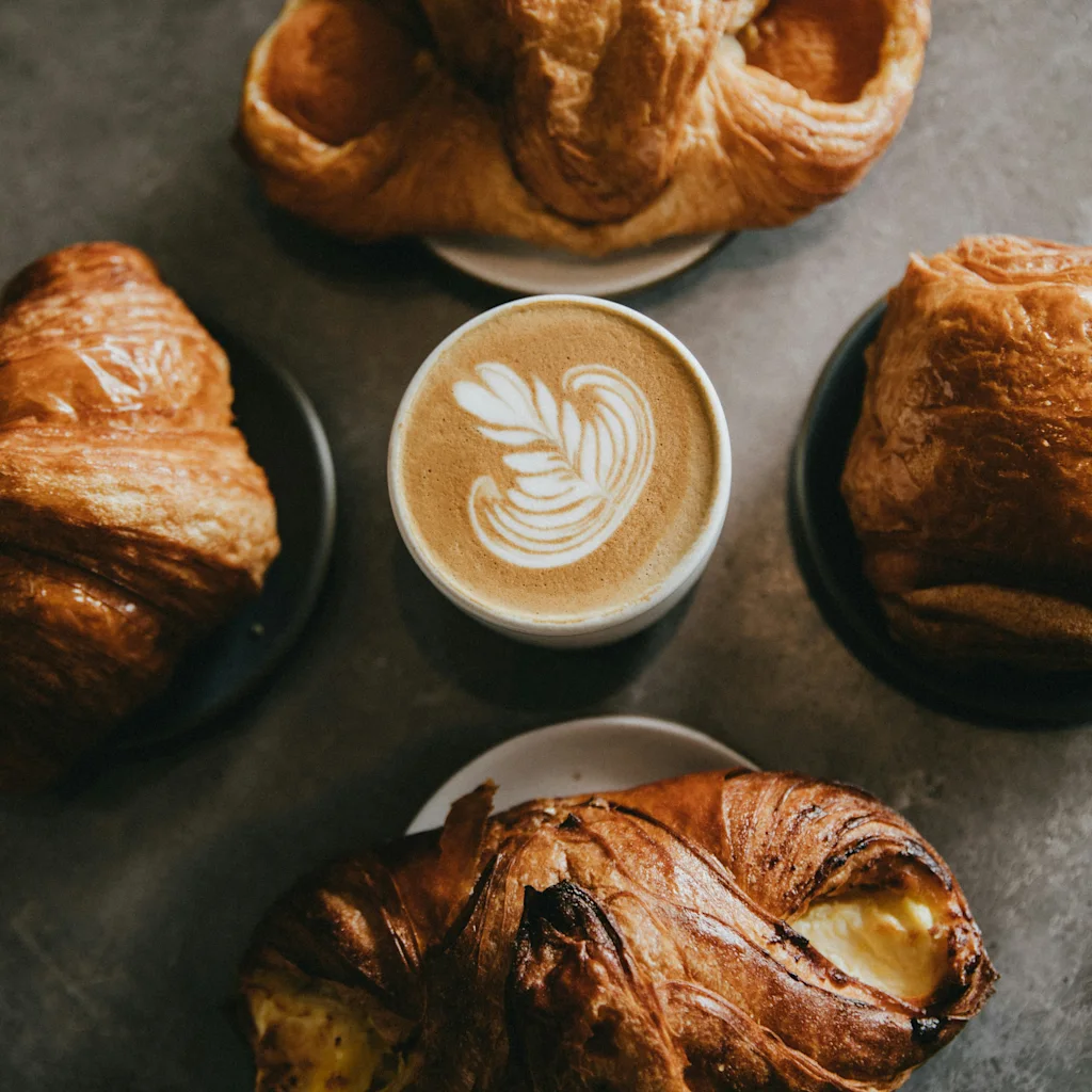 A warm cup of coffee with intricate latte art, surrounded by a variety of golden-brown pastries on a dark surface, inviting a delightful breakfast or fika moment.