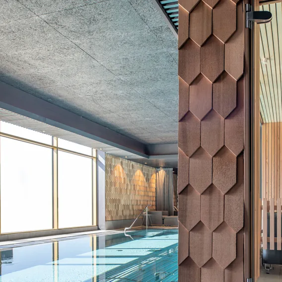 En pool reflekterar ljus, intill ett basturum klätt med träpaneler. Miljön är modern och lyxig, med geometriska väggmönster och stora fönster.