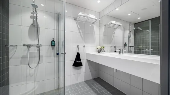 Et moderne bad med dusj og et romslig servantområde med et stort speil og friske håndklær.