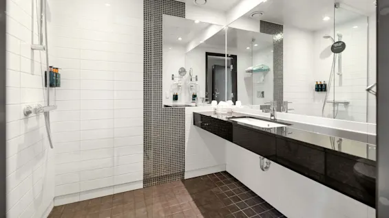Shower with glass enclosure and black tiles, beside a large mirror and wide sink on a dark countertop. Bright lighting and white tiled walls create a modern bathroom atmosphere.