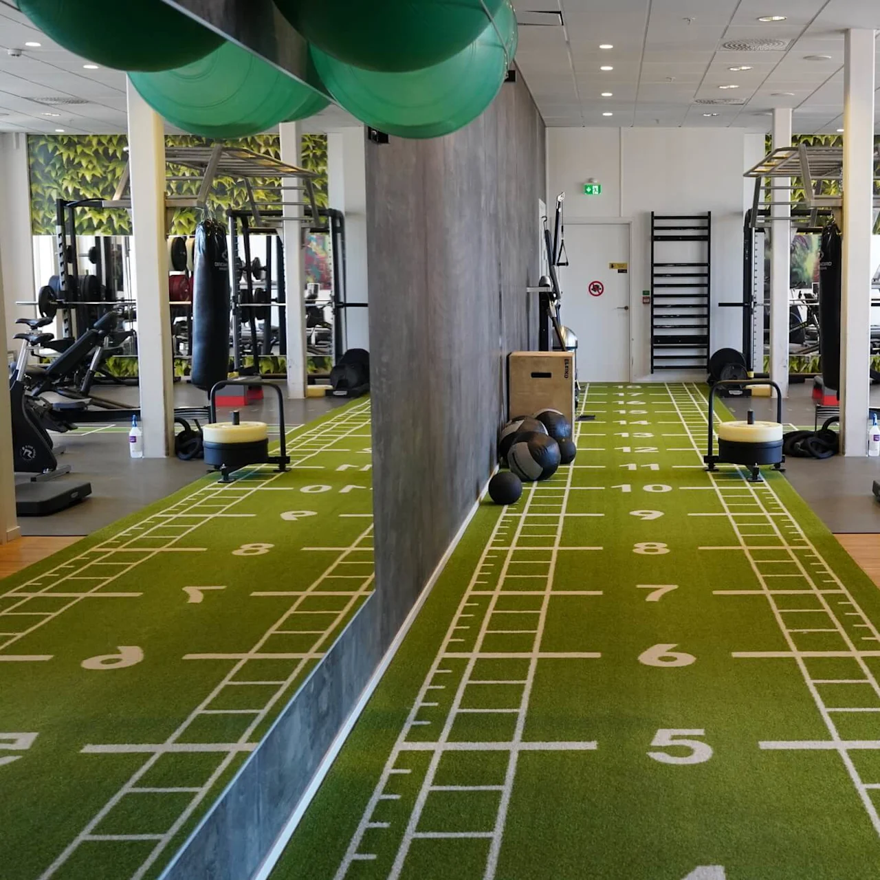 Grønt kunstgress med nummererte baner, treningsutstyr langs veggene, treningsballer over, speil som reflekterer rommet, ekstra treningsmaskiner og vekter i et moderne treningsstudio.