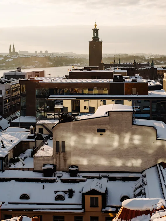 Swedish: Tak täckta av snö omger en hög byggnad med ett torn. Stadsbilden ses vid solnedgången, vilket kastar ett varmt ljus över stadslandskapet.