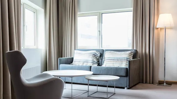 A gray sofa with striped pillows faces two nested round coffee tables in a bright room. Adjacent are a modern chair, standing lamp, large windows, and beige curtains.