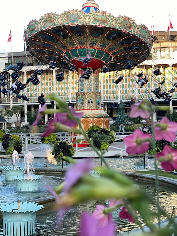 Vilkas huvipuistonäkymä, jossa on liikkuva ketjukaruselli, jota ympäröivät suihkulähteet, rehevä kasvillisuus ja värikkäät kukat.