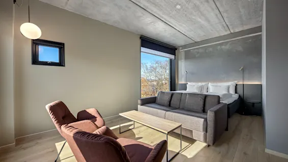 Deluxe rom på Comfort Hotel Porsgrunn med moderne design, med en komfortabel seng, sofa og lenestoler, badet i naturlig lys.