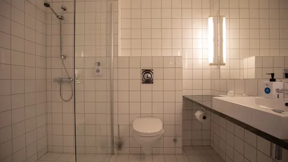 Dusj og toalett på et flislagt bad; dusj innelukket med glass, ved siden av en vegghengt toalett. I nærheten en servant under et speil, belyst av vertikale lys.