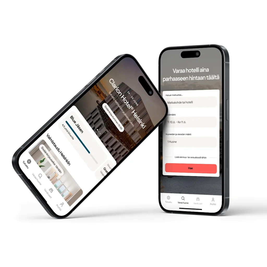 Mobiilisovellus helppoon hotellivaraukseen ja hallintaan näkyy kahdella älypuhelimella. Teksti: Varaa hotelli aina parhaaseen hintaan täältä.