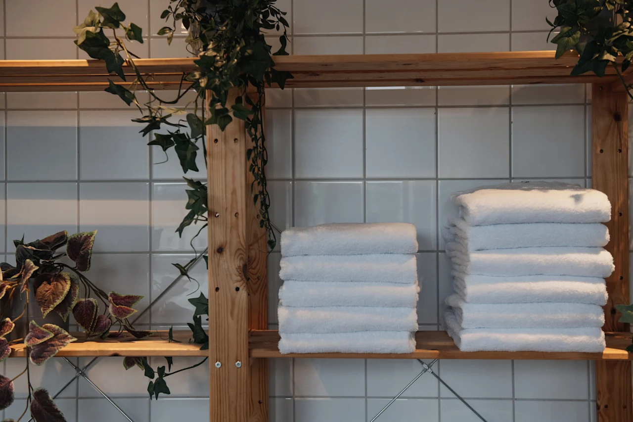 Fresh white towels on wooden shelves, adorned with lush green plants, set against a clean tiled background.