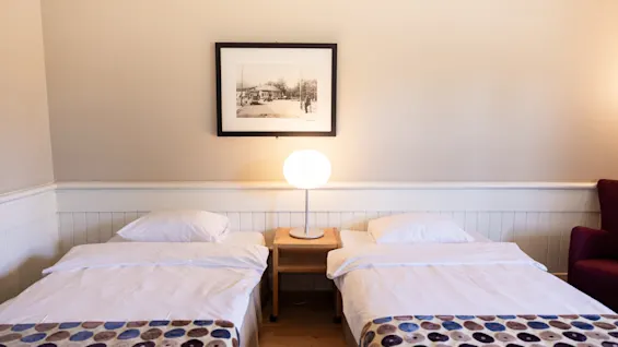 To senge med mønstrede tæpper står mod en væg under et indrammet landskabsbillede. En rund lampe står på et lille bord mellem sengene i et hyggeligt rum.