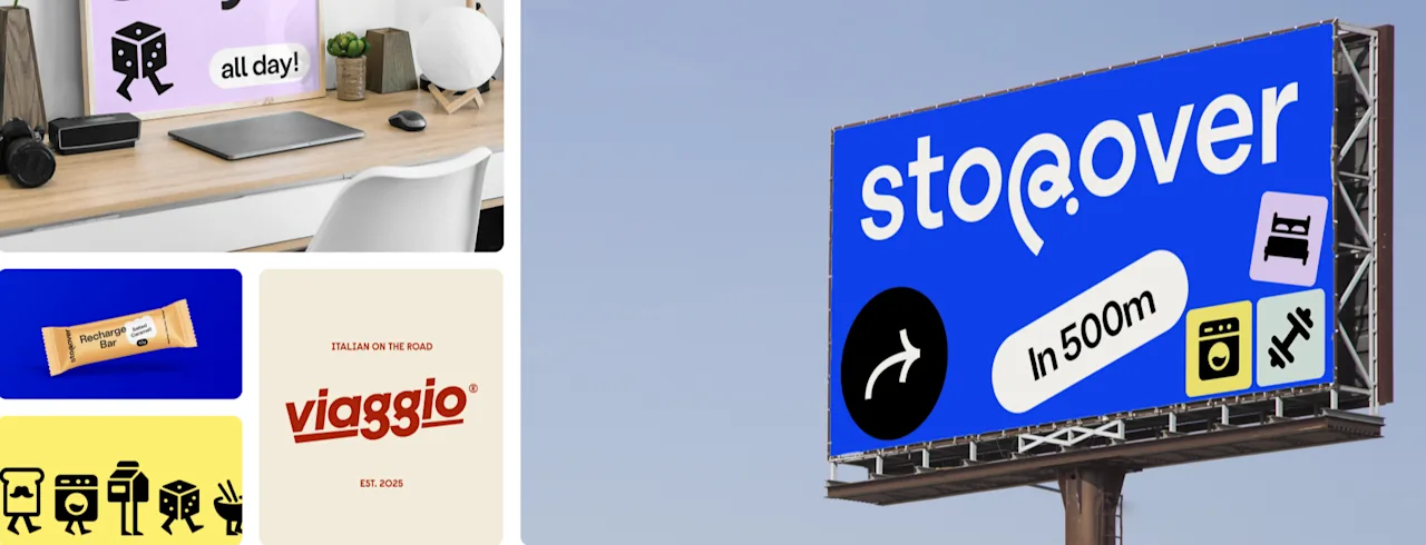 Pult med affisch där det står "Eat Play Stay all day!" på ett kontor. I närheten visas ikoner med rese- och gästfrihetsteman, inklusive "Check-in," "I need all-day breakfast," och en reklam med "stopover in 500m."