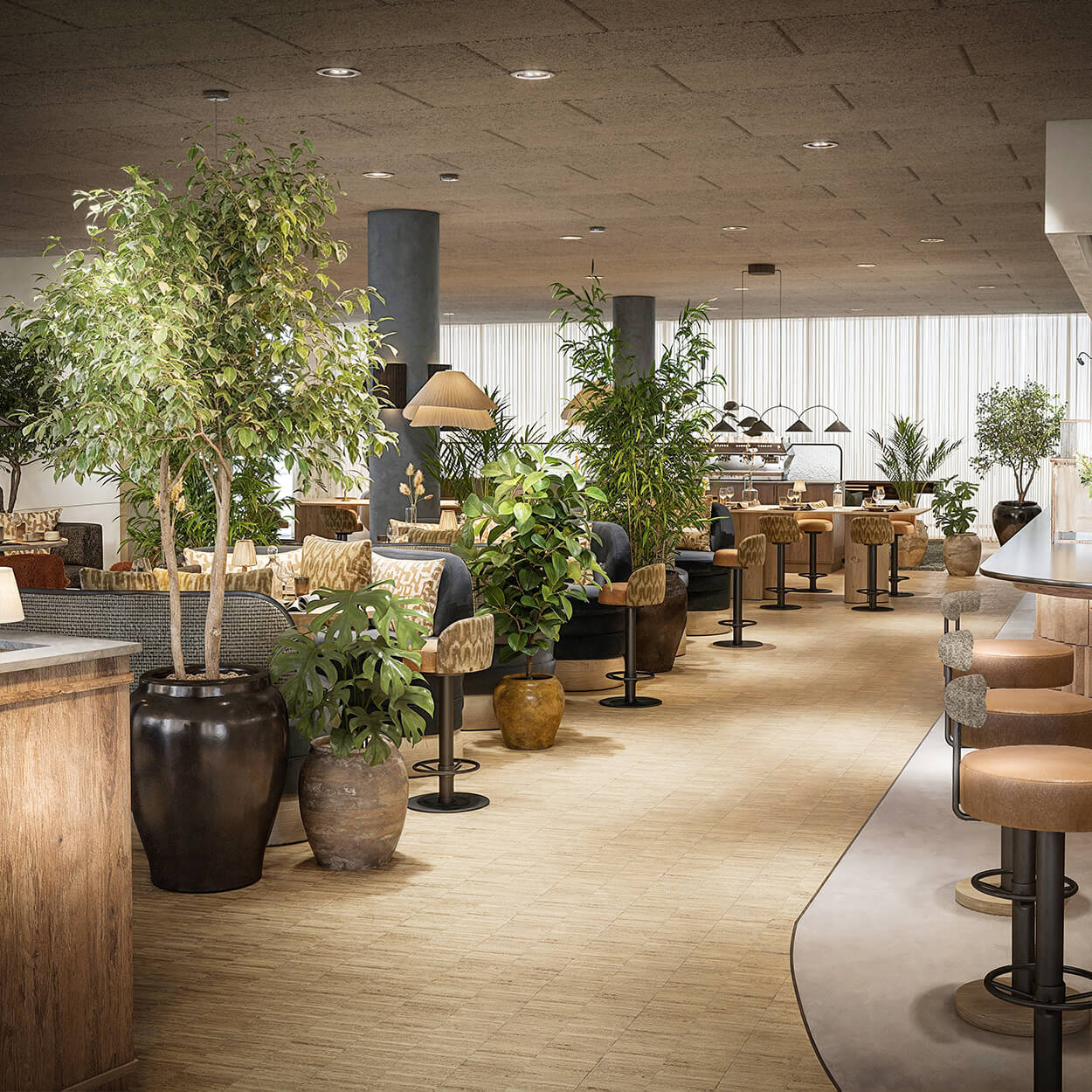 En elegant designet restaurant med forskjellige sitteplasser, planter og et barområde som viser en moderne, koselig atmosfære.