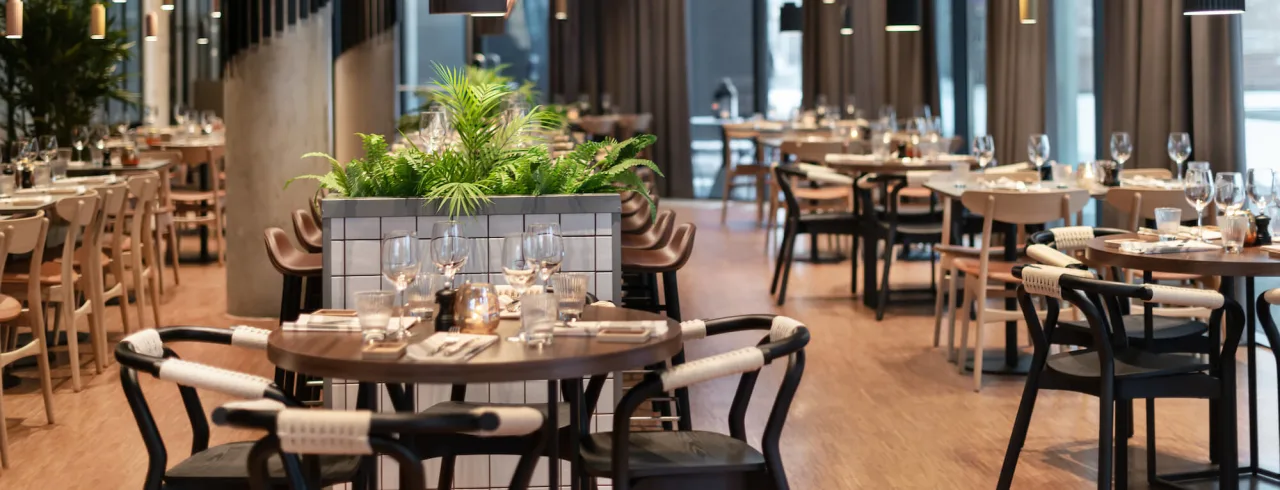 Tables at The Social Bar & Bistro at Quality Hotel River Station in Drammen, Norway.