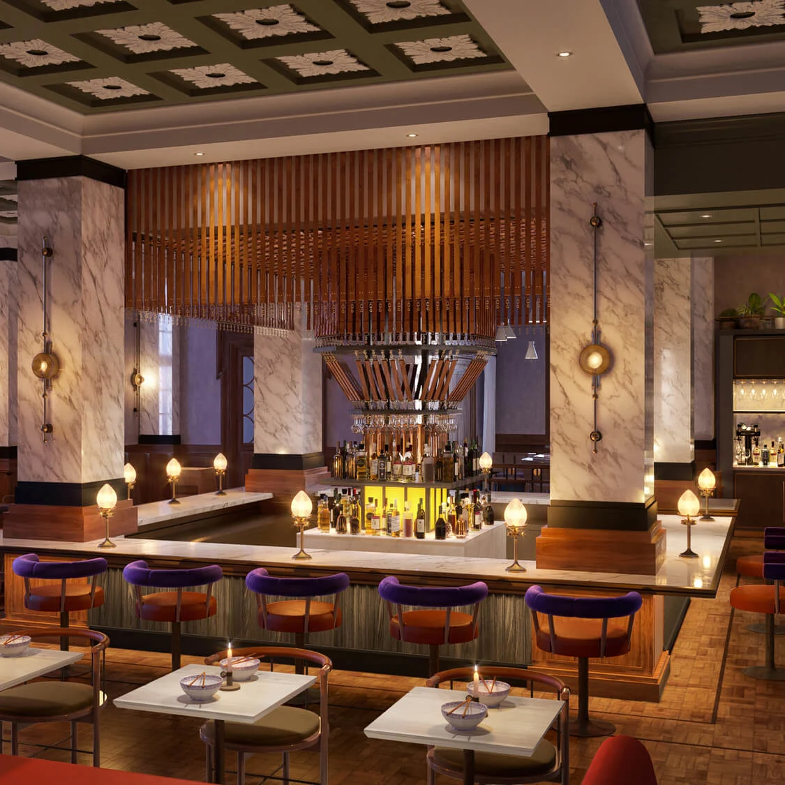 Bar with marble columns, surrounded by stylish seating, and illuminated by modern pendant lights. Shelves display bottles, enhancing the luxurious ambiance in a warmly lit, elegant space.