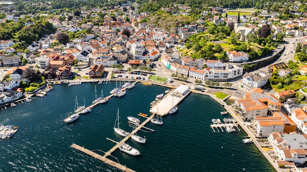 Luftfoto af en kystby med både fortøjet ved moler omgivet af tætte bygninger og grønne bakker.