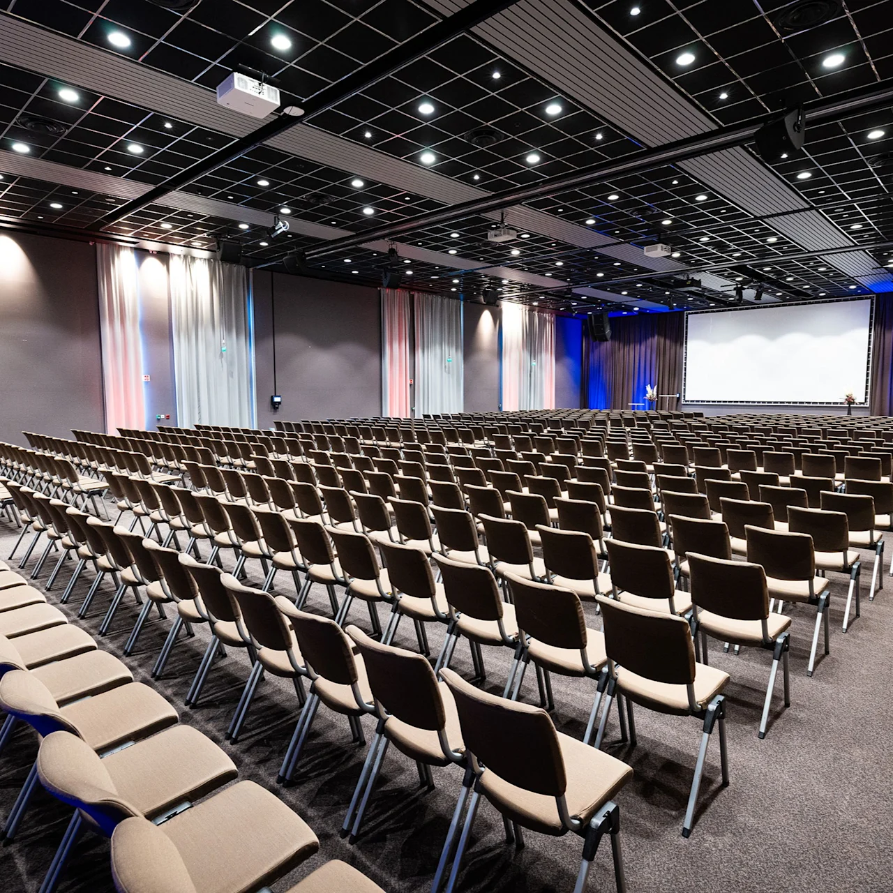 Rows of beige chairs face a large white projection screen in an empty conference room, characterized by a grid-patterned ceiling and dark carpet, with blue accent lighting illuminating the walls.