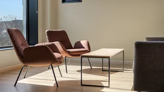 Et lyst og innbydende loungeområde med to komfortable lenestoler og et salongbord, badet i sollys fra et stort vindu.