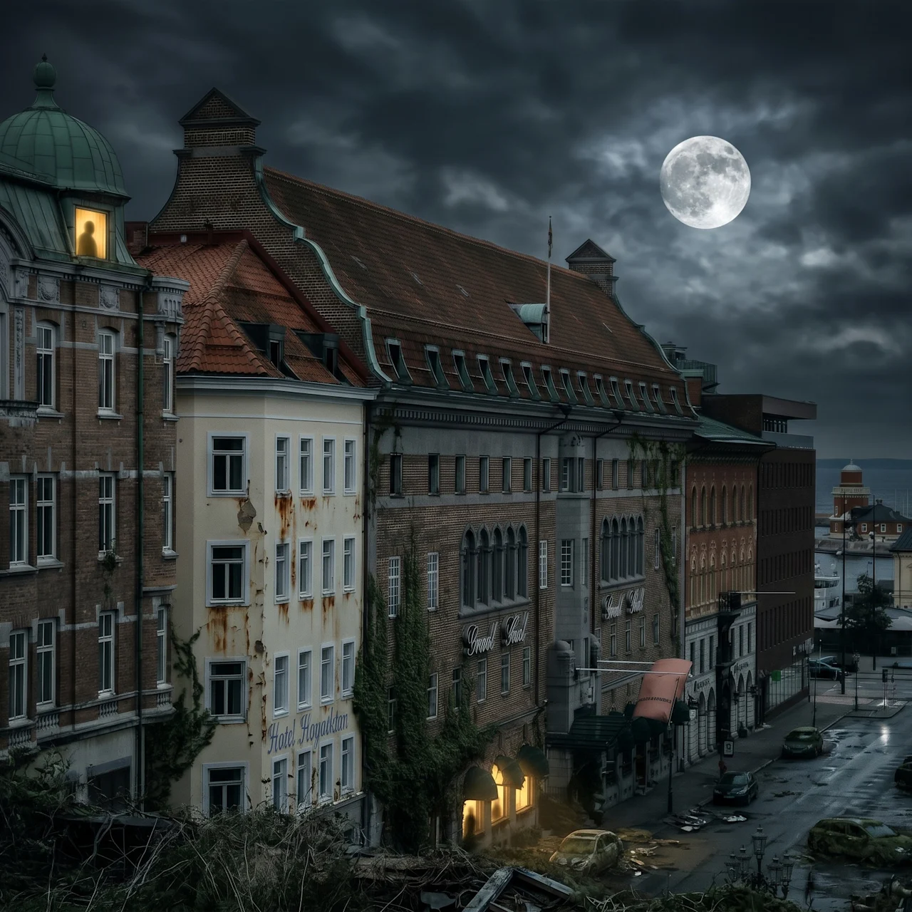 Gamle bybygninger under en mørk, skyet nattehimmel med en fuldmåne, der lyser over gaden.