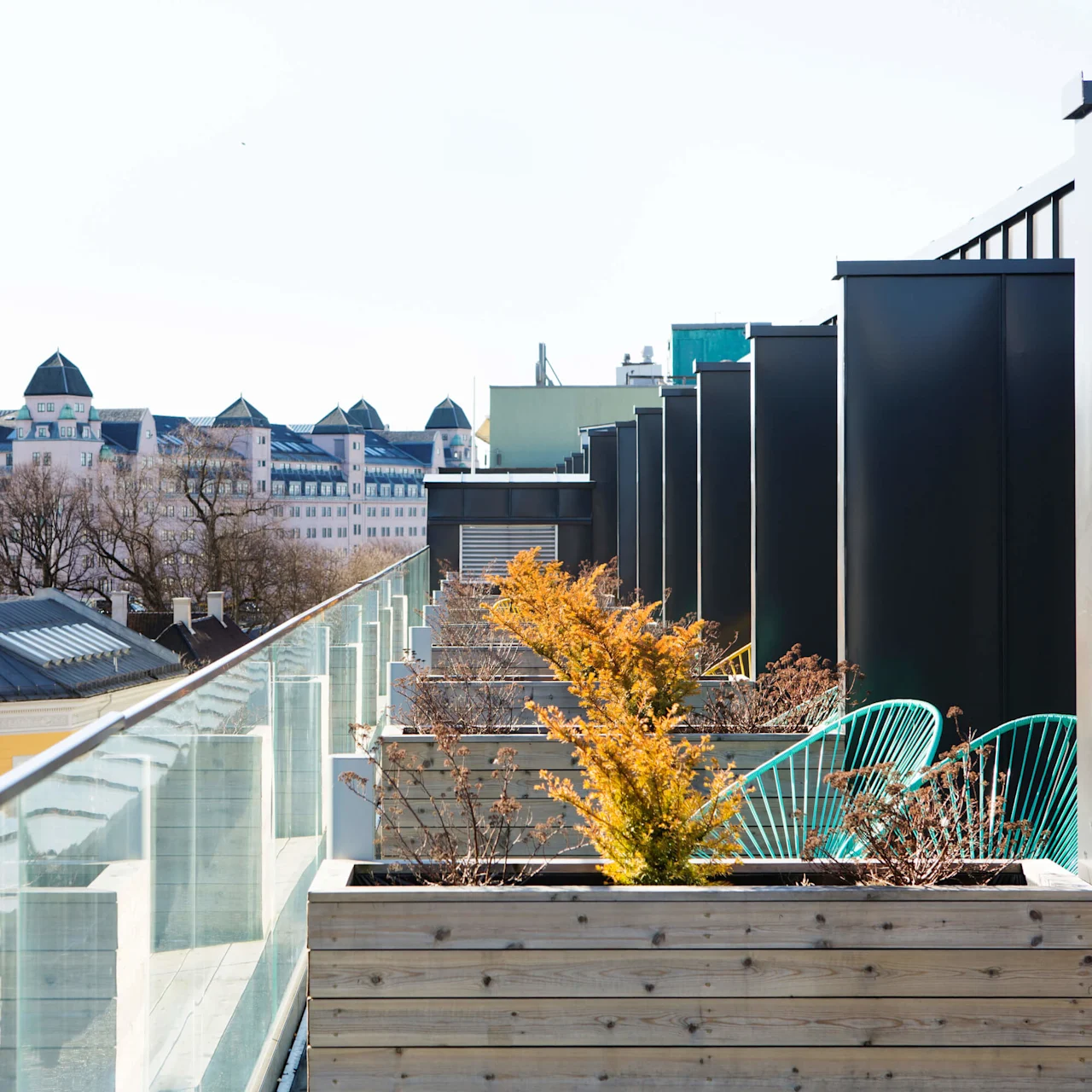 Rooftop with potted plants and green chairs lining a glass railing, city buildings and trees visible in the background.