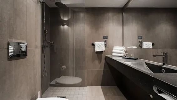 Et moderne badeværelse med bruser, toilet og en stilfuld vask med håndvask og spejl. Friske håndklæder er pænt stablet.