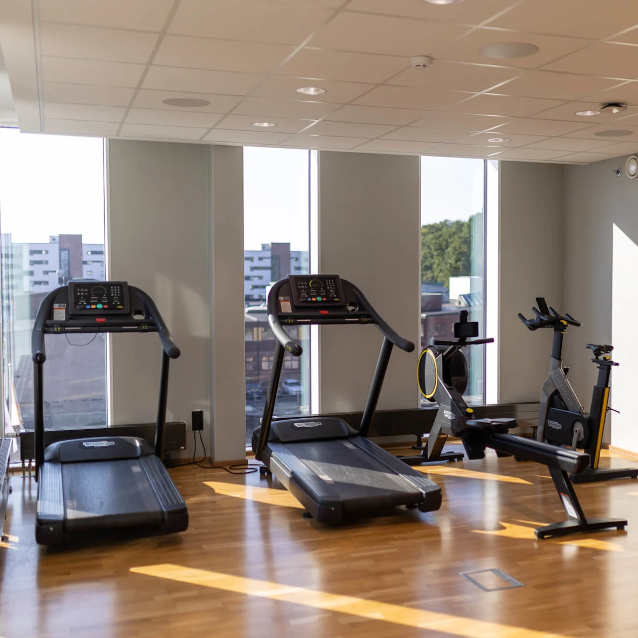 Löpband och motionscyklar står på ett polerat trägolv i ett solbelyst gym med stora fönster och stadsvy.