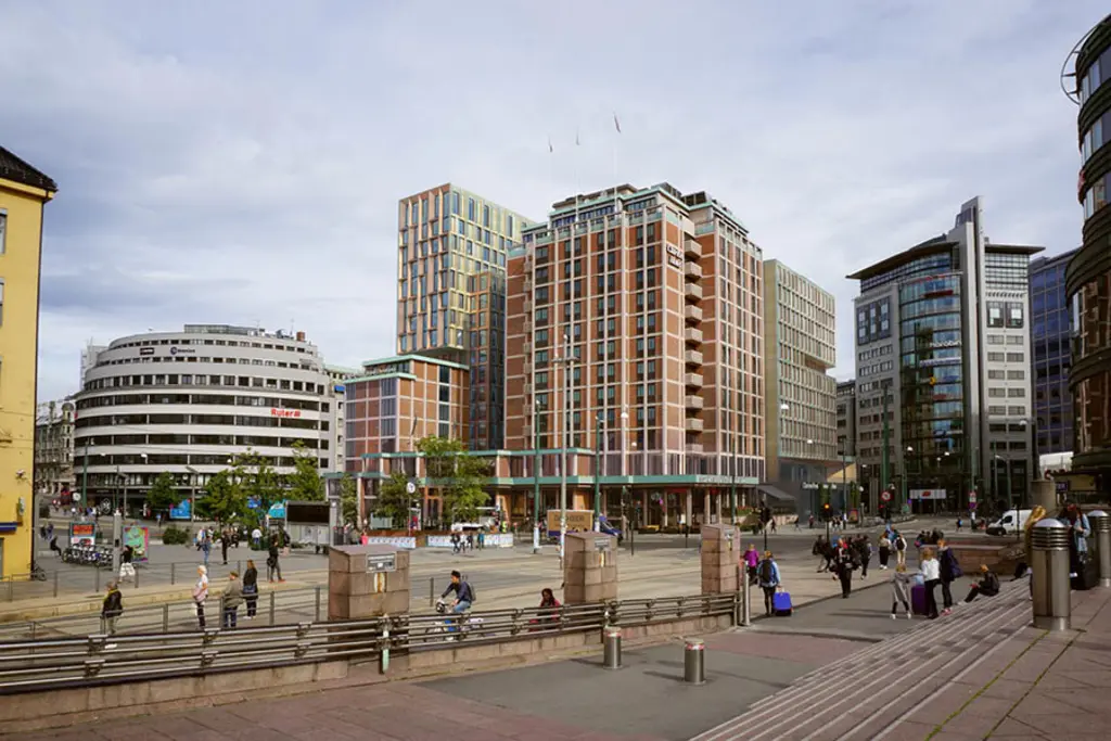 Renderad arkitektskiss av Clarion Hotel The Hub på Jernbanetorget i Oslo