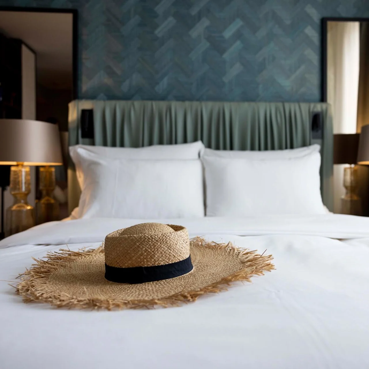 A straw hat with a black band rests on a neatly made bed with white linens; two bedside lamps and mirrors frame a textured blue wall.
