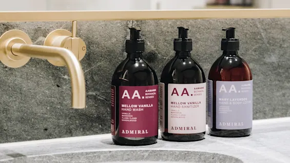 Bottles of hand wash, sanitizer, and lotion sit beside a golden faucet on a granite countertop. Labels: "AA. Aamanns Botanical Senses Mellow Vanilla Hand Wash," "Hand Sanitizer," "Mary Lavender Hand & Body Lotion."