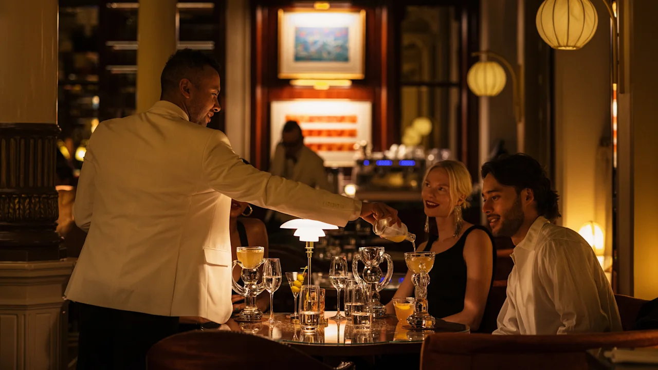 A server pours a drink for guests at Hotel Kämp – Kämp Bar, creating an elegant and social atmosphere.