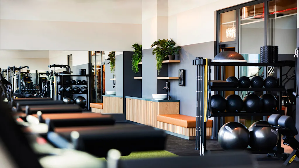 Treadmills extend in a line, facing workout equipment and mirrors in a sleek, modern gym with light wooden accents and potted plants.