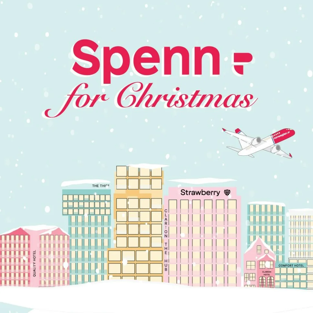 A stylized snowy cityscape with colorful buildings and a plane flying above, bearing the text "Spenn - for Christmas."